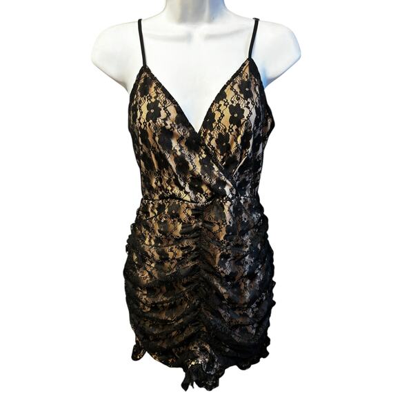 Lulus NWT Frilled to Be Here Ruched Lace Mini Dress in Black M Cocktail Formal - Picture 3 of 8